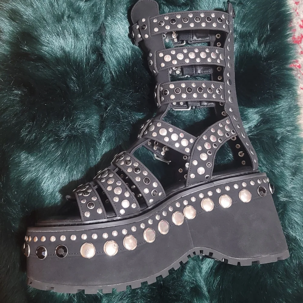 Current Mood Black Studded Platform Gladiator Sandals with Buckles - Picture 3 of 3